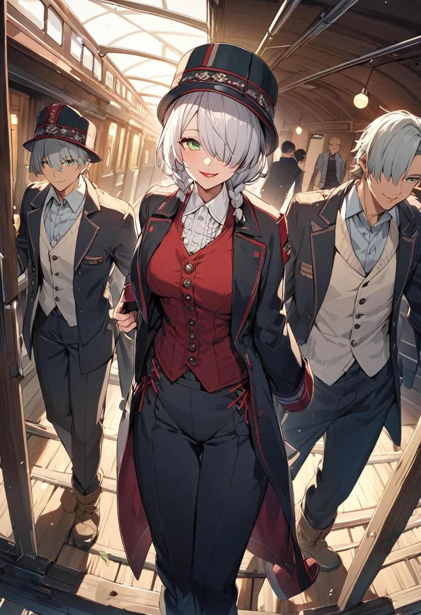 BREAK Perfect Anatomy、(High resolution:1.2)、Incredible illustrations、(Cute illustrations:1.2)、()(cinematic angle,ceiling,solo focus,)
(Beautiful background(Passage inside the train))
1girl((male focus,tom girl)(a girl, 1.7meters, 45kg,,dark skin:1.6,green eyes,silver hair,hair over one eye,long french braid,lipstick)(light smile)
(tyrolean hat,rail road man's coat,Vest jacket with lines
slacks,workman's boots)three views from front, back and side