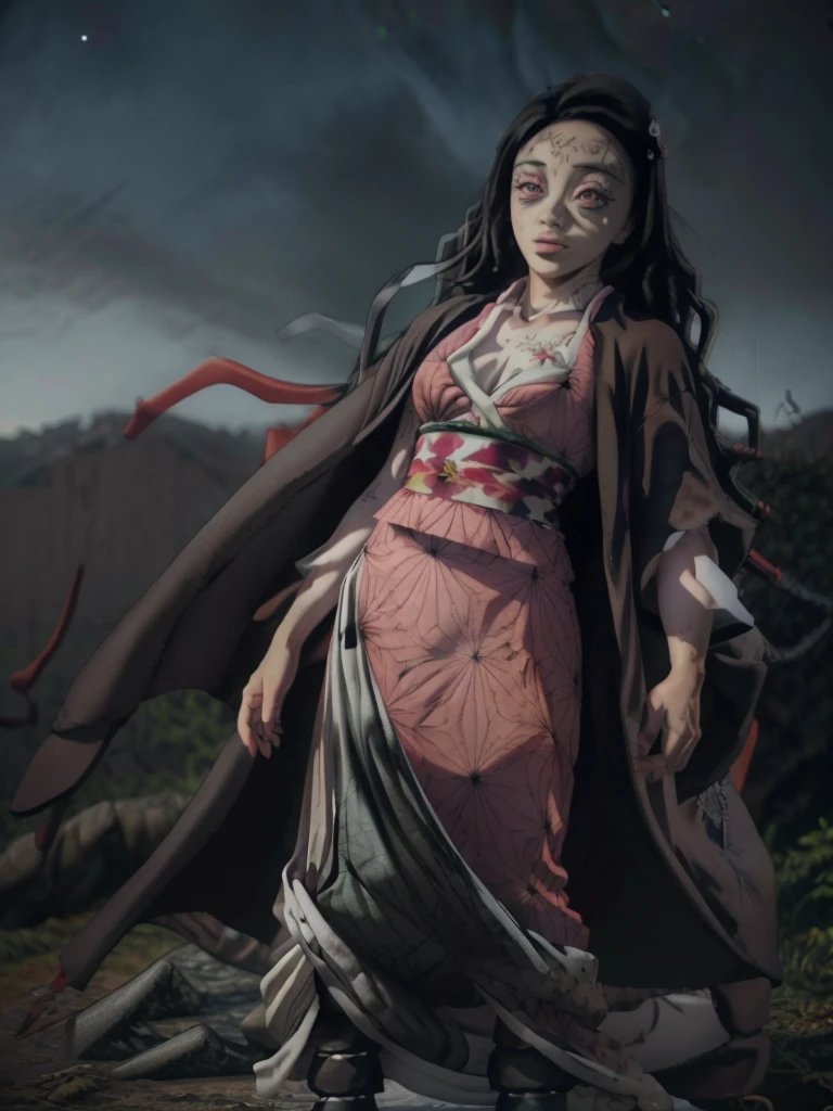Nezuko Kamado,full body, beautiful detailed eyes, beautiful detailed lips, extremely detailed face, long eyelashes, standing in a field, galaxy night sky, stars, glowing moon, ethereal, mystical, magical, cinematic lighting, dramatic, photorealistic, 8k, highres, masterpiece, ultra-detailed, vibrant colors, fantasy, concept art