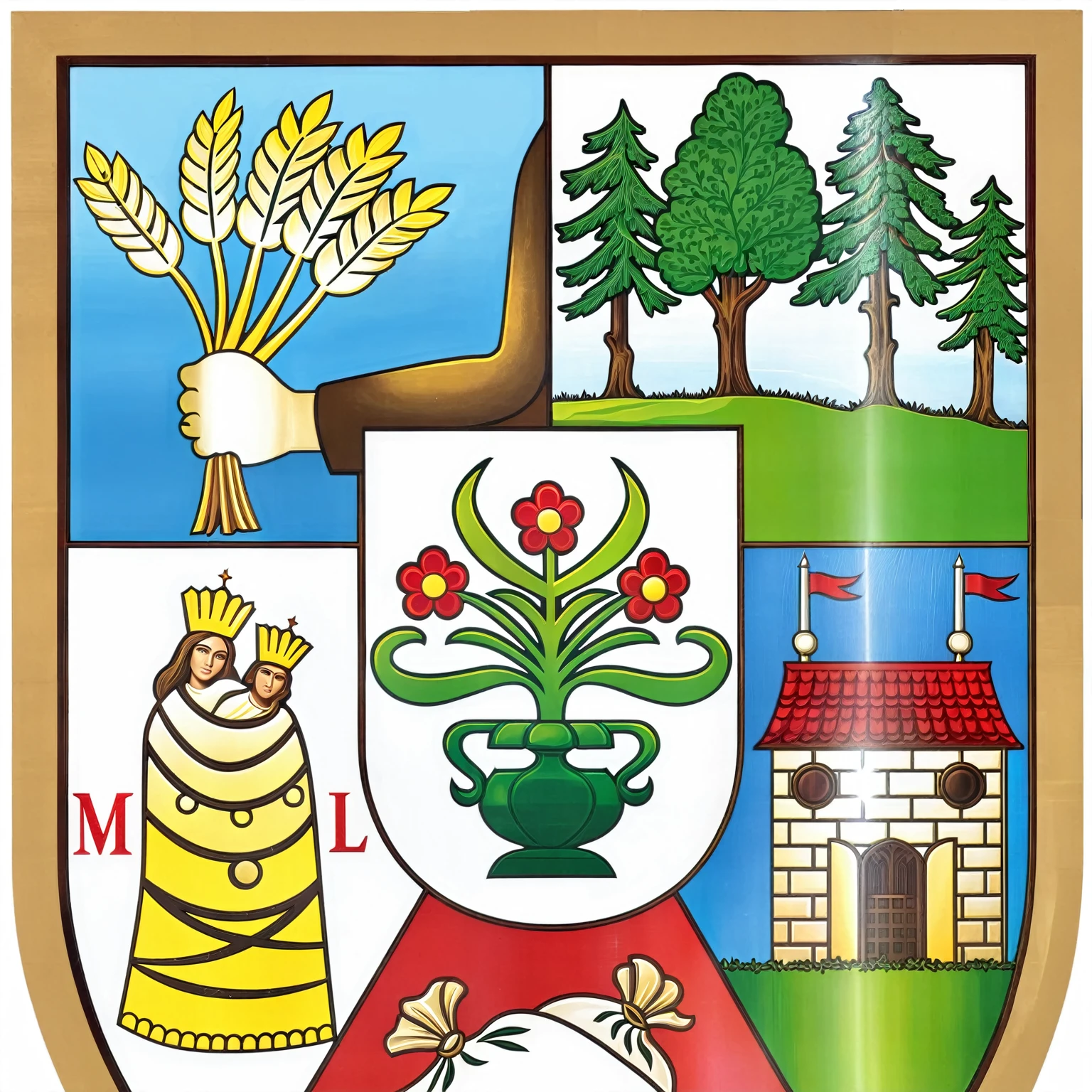 a close up of a coat of arms with a tree and a castle, city of armenia quindio, coat of arms, munkácsy, estefania villegas burgos, heraldry, sallon, villany, múseca illil, by Jenaro de Urrutia Olaran, boissb - blanca. j