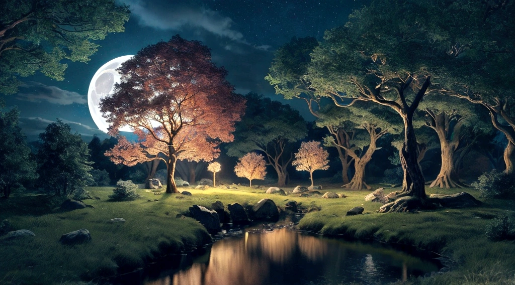 Room with a bed, a large window in its bedroom and a moonlit landscape., surreal, otherworldly, illustration of a supernatural scene depicting a huge crystal tree full body, highly detailed and magical lighting, beautiful moonlit night, intricate forest details, surrounding vegetation and river, solarpunk, landscape, huge tree, beautiful leaves with beautiful lighting and realistic proportions, like a movie background, 8k, top quality, masterpiece, sky with clouds and stars. A large moon in the background, a cinematic moonlit night with a stream flowing in that forest, mysterious and cinematic.