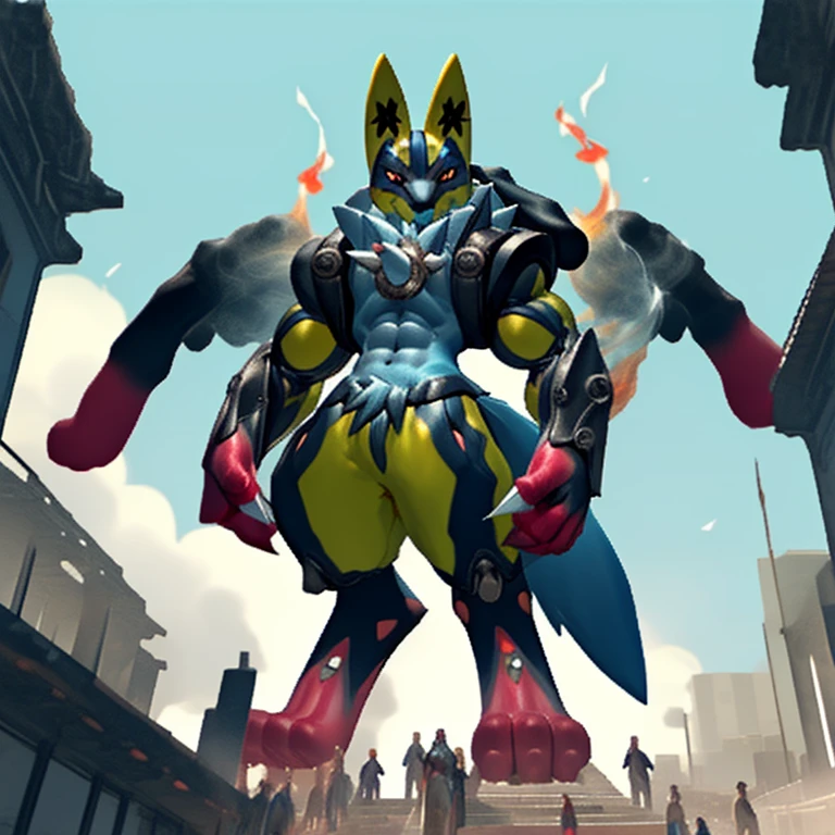 (Solo. masterpiece. official art. 8k. best quality. detailed full body. full body.)
(situation 1 : dominating Shiny_Mega_Lucario. Shiny_Mega_Lucario is over 1000 meters long. focus GIANT mechanical Muscular Shiny_Mega_Lucario is trampling the city. Looking down. macro. stomp. Low-angle perspective. emphasizing the immense size. He is much bigger than a skyscraper. Giga Giants. looking down. foot focus, (soles:1.2))
(situation 2 :smoke and flames rising from the destruction in the city)
(Additional details 1: wearing a full-face helmet. golden armor. high-tech bio-mecha armor. real texture material. whole body shines like metal. emphasizes the muscles. suit fully made of metal. intricate armor. Robotic suit. suit fully made of metal.).
(Additional details 2: (Detailed head. Detailed Body. Detailed abs. gigantic muscles. HYPER MUSCLES. Gigachad Muscular. big muscle. pecs. triceps. traps. unusually developed muscular body. body full of huge muscles. showing off muscles. pectorales enormes. Exaggeratedly huge muscles. huge muscles. long legs. abs.).
(Additional details 3: Spread wings. It has wings. have big wings. The claws are sharp. Sharp teeth.).