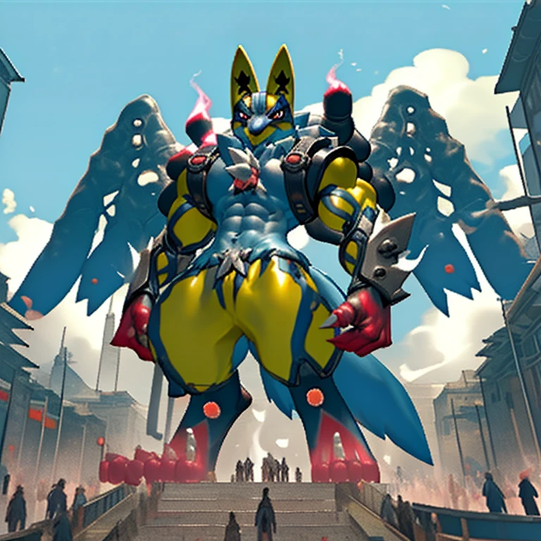 (Solo. masterpiece. official art. 8k. best quality. detailed full body. full body.)
(situation 1 : dominating Shiny_Mega_Lucario. Shiny_Mega_Lucario is over 1000 meters long. focus GIANT mechanical Muscular Shiny_Mega_Lucario is trampling the city. Looking down. macro. stomp. Low-angle perspective. emphasizing the immense size. He is much bigger than a skyscraper. Giga Giants. looking down. foot focus, (soles:1.2))
(situation 2 :smoke and flames rising from the destruction in the city)
(Additional details 1: wearing a full-face helmet. golden armor. high-tech bio-mecha armor. real texture material. whole body shines like metal. emphasizes the muscles. suit fully made of metal. intricate armor. Robotic suit. suit fully made of metal.).
(Additional details 2: (Detailed head. Detailed Body. Detailed abs. gigantic muscles. HYPER MUSCLES. Gigachad Muscular. big muscle. pecs. triceps. traps. unusually developed muscular body. body full of huge muscles. showing off muscles. pectorales enormes. Exaggeratedly huge muscles. huge muscles. long legs. abs.).
(Additional details 3: Spread wings. It has wings. have big wings. The claws are sharp. Sharp teeth.).