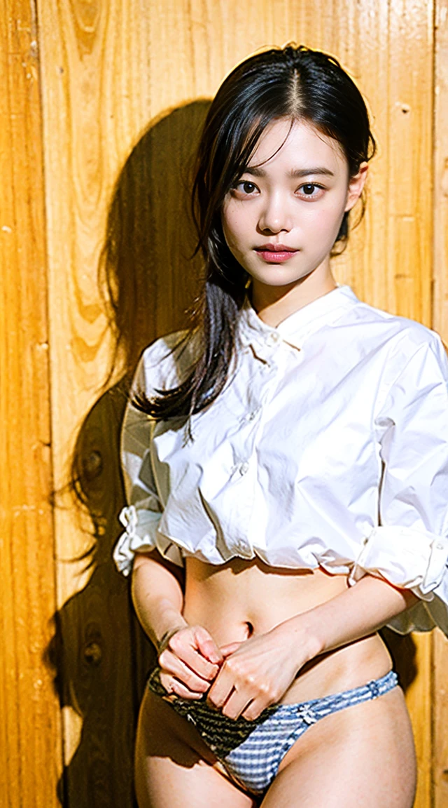 (Small Tits), (18-year-old), (very small head), dawn, sunlight, (Perfect body:1.1), (8K), (Very delicate and beautiful), (Highest quality:1.0), (Realistic), Realistic Shadows, (High resolution:1.0), Detailed skin, Very detailed, the body is slim, (Beautiful Hair, Real Hair, Thinning hair), blush, Realistic, Realistic Face, Realistic eyes, Small eyes, smile, (eyeliner), (mascara), (eye shadow), whole body、Open leg pose、Nipples、naked、Thick pubic hair、brand、ponytail