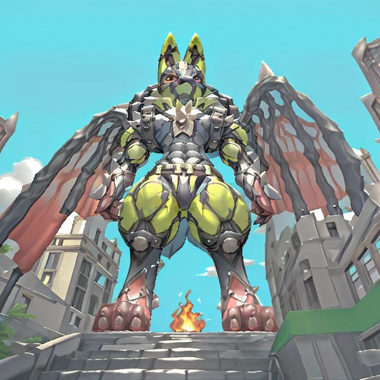 (Solo. masterpiece. official art. 8k. best quality. detailed full body. full body.)
(situation 1 : dominating Shiny_Mega_Lucario. Shiny_Mega_Lucario is over 1000 meters long. focus GIANT mechanical Muscular Shiny_Mega_Lucario is trampling the city. Looking down. macro. stomp. Low-angle perspective. emphasizing the immense size. He is much bigger than a skyscraper. Giga Giants. looking down. foot focus, (soles:1.2))
(situation 2 :smoke and flames rising from the destruction in the city)
(Additional details 1: wearing a full-face helmet. golden armor. high-tech bio-mecha armor. real texture material. whole body shines like metal. emphasizes the muscles. suit fully made of metal. intricate armor. Robotic suit. suit fully made of metal.).
(Additional details 2: (Detailed head. Detailed Body. Detailed abs. gigantic muscles. HYPER MUSCLES. Gigachad Muscular. big muscle. pecs. triceps. traps. unusually developed muscular body. body full of huge muscles. showing off muscles. pectorales enormes. Exaggeratedly huge muscles. huge muscles. long legs. abs.).
(Additional details 3: Spread wings. It has wings. have big wings. The claws are sharp. Sharp teeth.).