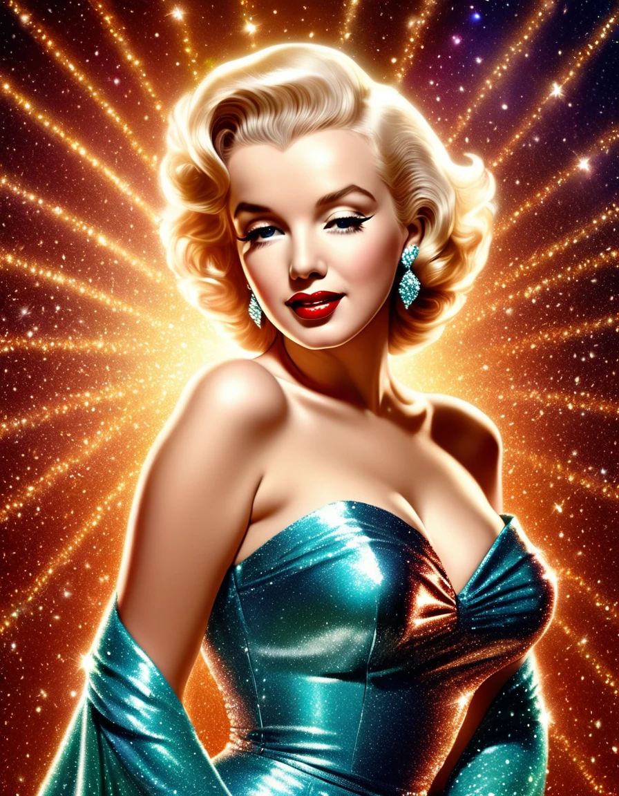 A photorealistic rendering of Marilyn Monroe in a glamorous pose, hands on her chest, wearing a sparkling dress, exuding classic Hollywood elegance. Hyper-realistic photo, vibrant colors, 16k