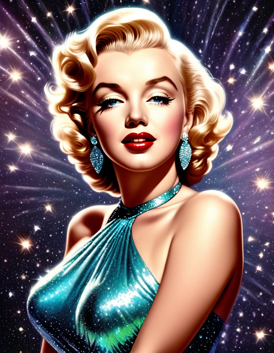 A photorealistic rendering of Marilyn Monroe in a glamorous pose, hands on her chest, wearing a sparkling dress, exuding classic Hollywood elegance. Hyper-realistic photo, vibrant colors, 16k