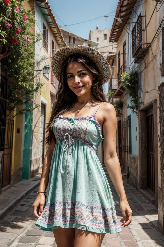 [[((young attractive Mexican woman:1.5)), ((Martina Sánchez:1.4)), walking through the colorful streets of Guanajuato, with her body facing the camera. She has green streaks in her long, wavy hair and cute freckles across her cheeks. Martina is wearing ((a stylish sundress with vibrant patterns:1.3)) and a backpack. She has a joyful, energetic smile. The background features the vibrant, colorful buildings and cobblestone streets of Guanajuato. The scene is captured with a ((digital SLR:1.3)) using a ((24-70mm zoom lens:1.3)) for versatility in framing. Post-production focuses on enhancing the natural colors and adding a ((soft bokeh effect:1.2)) to the background. The image should be in ((8K resolution:1.2)) with ((hyper-realistic detail:1.4)). The focus is on Martina's unique hair and vibrant smile, capturing her as a lively travel blogger.]]
