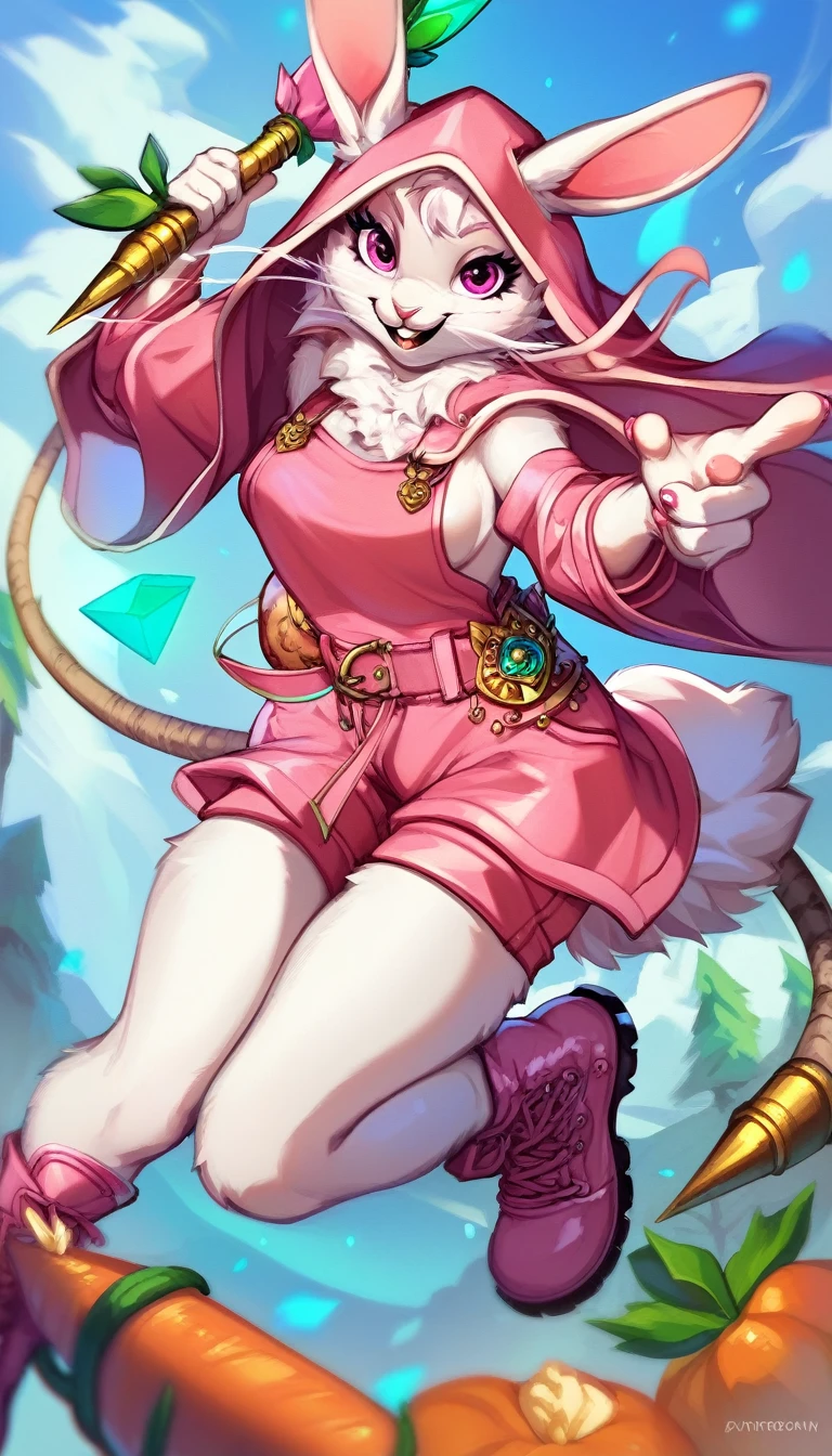 in a mystical burrow realm, an anthropomorphic rabbit deity warrior, Rabbit_Warrior_Goddess, fluffy white fur, vibrant pink eyes, Rabbit ears adorned with glowing emerald gems, elaborate carrot-shaped weapon, pink armor with gold accents, ruffled pink ears fringes, long wispy tail with pink and gold stripes, golden tail tip, pink hooded robe, pale pink overalls, pink combat boots, left hand clutching the weapon hilt, right hand in a protective guard pose, whiskers gently