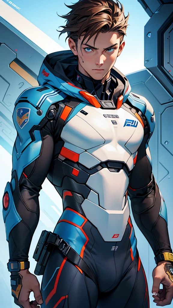 18 year old cybernetic guy detailed muscles realistic masterpieces full figure pose (best quality,ultra-detailed), brown hair, blue eyes, fair skin, fit body, slim figure, (cocky expression), wearing cybernetic mobile battle spacesuit