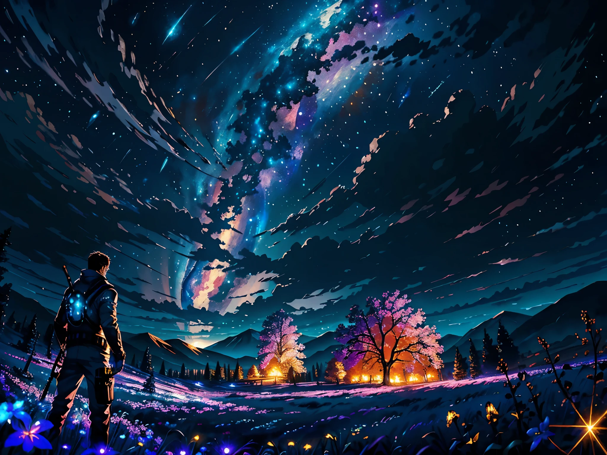 Expansive landscape photograph, (view from below with a view of the sky and the wilderness below), lawyer standing in a flower field looking up, (full moon: 1.2), (shooting star: 0.9), (nebula: 1.3), distant mountain, tree break production art, (warm light source: 1.2), (firefly: 1.2), lamp, purple and orange, intricate detail, volume lighting BREAK (masterpiece: 1.2), (highest quality ), 4k, ultra-detailed, (dynamic configuration: 1.4), highly detailed and colorful details (iridescent: 1.2), (sparkling lighting, atmospheric lighting), dreamy, magical, (solo: 1.2)