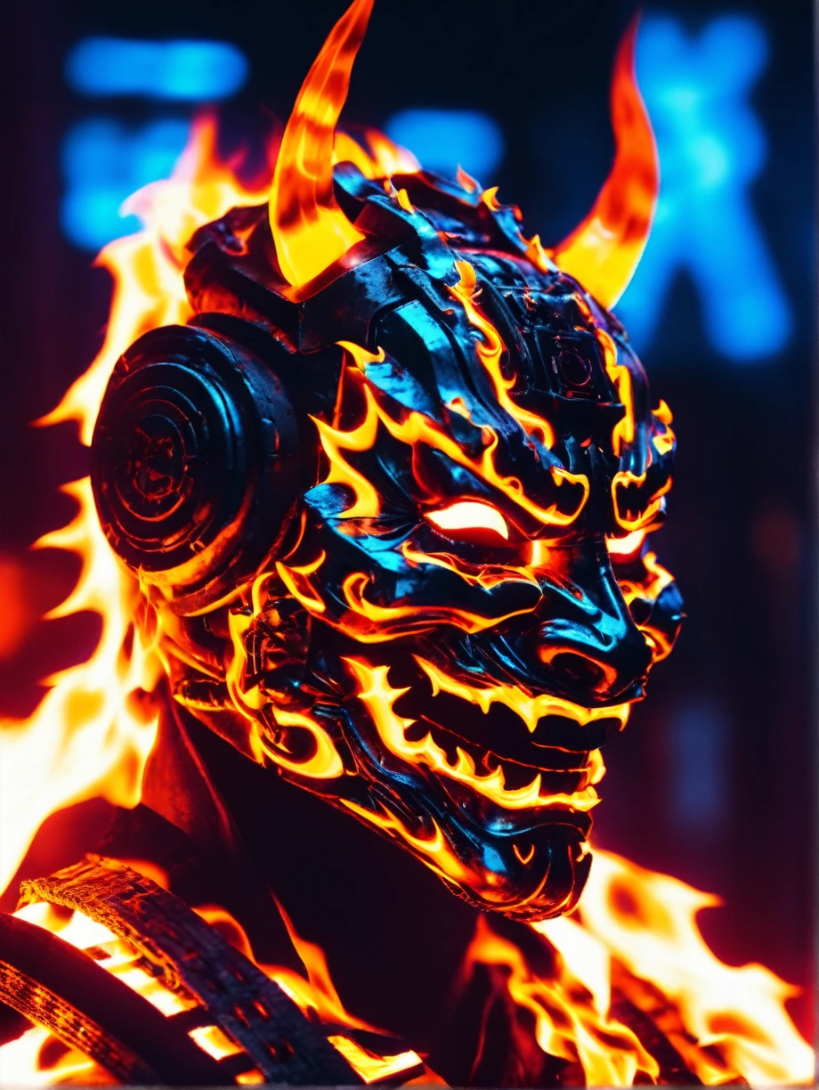 cyberpunkxd, Hannya Mask made of fire, close up, mecha, robot, Alone, cable, bright, bright eyes,volumetric light,neon light,(8k, photo and gross, Best Quality, Masterpiece), realist,8k,HDR,UHD,Masterpiece,Best Quality,Very detailed,wallpaper,reality ray tracing, 