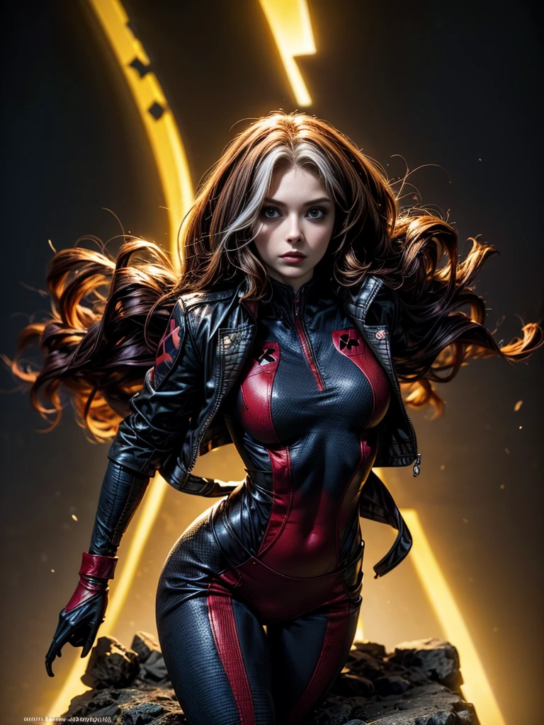 Karen Gillan、masterpiece、High quality 4K、villain (X-Men)、Gothic Girl、Sculpted Body Gothic Makeup、Black jacket、Red and blue bodysuit、masterpiece、Highest quality、Cowboy Shots、One personの女の子、One person、Technology Military Bodysuit、fringe