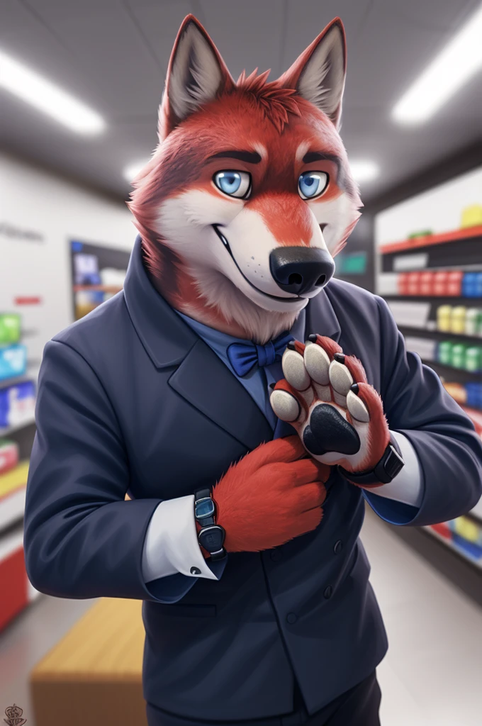 Ivan Fedorovich Wolfbach (Novosibirsk) ,tall handsome, wolf,young, 24 years, brown fur,Kind,(red body:1.3),beautiful blue eyes,Novosibirsk,dressed,white jacket, black shirt, white blue and black striped bow tie, trousers,canine, wolf, detailed fur, male, antro, paw pads, finger claws,At the viewer, 5 fingers, paws, 5 fingers, smile, wrist watch, т nextel,by xenoforge, (difficult, high detail, digital photography, soft focus, RAW variety театр,Very close to the camera, variety,Novosibirsk, smile, good mood, positive, Very close to the camera,black shirt белый галстук бабочка, viewers love him,
Photorealism, realistic, photorealistic, digital style, Subsurface scattering,I look at the viewer, in the shop, chooses flowers for mom,
masterpiece, Best quality, ultra realistic, 8 k)