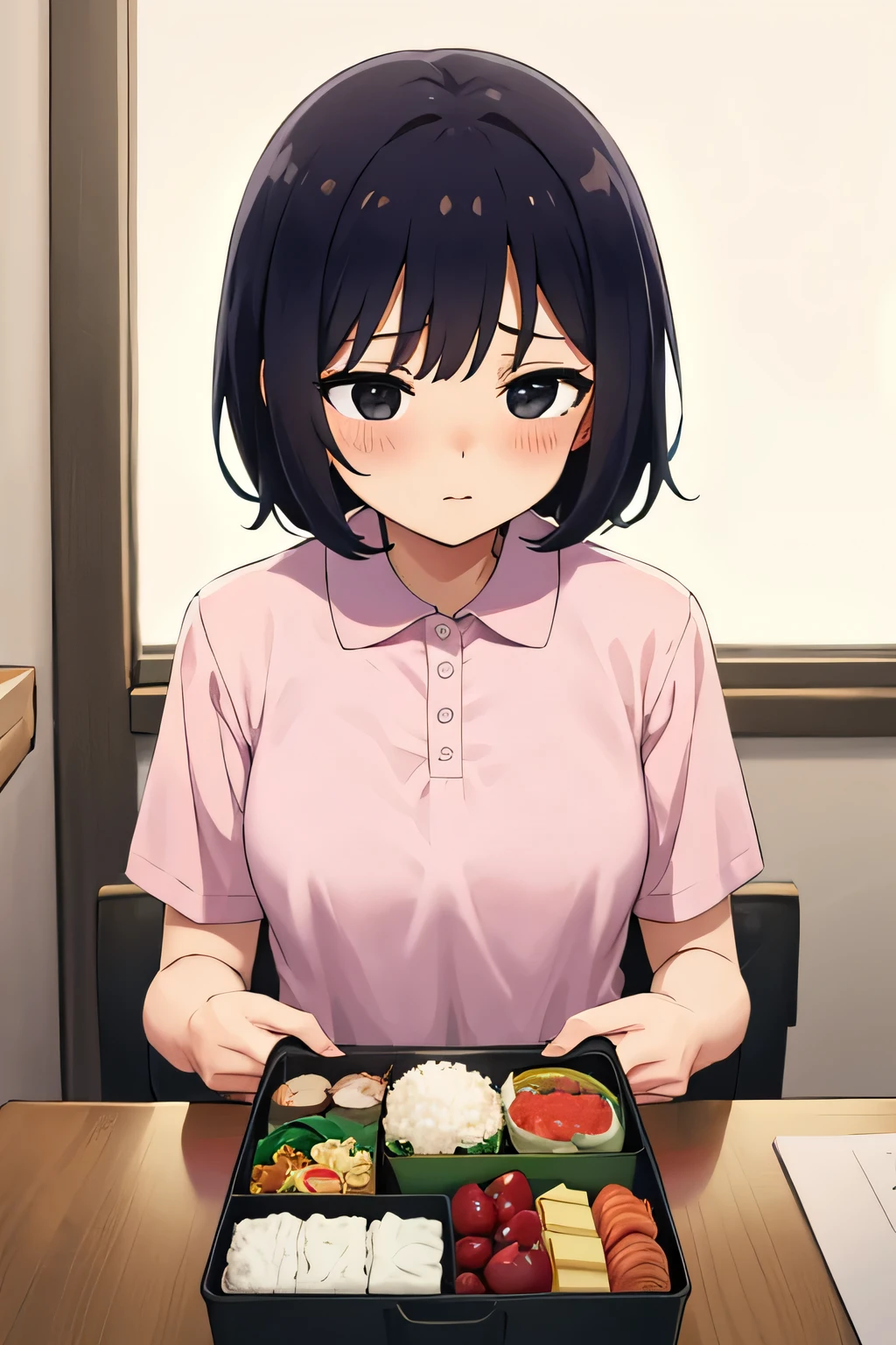 Highest quality, High resolution, 1.female, Reluctance Nausea Black eyes (Cum in a bento:1) Cute Looking down Pink polo shirt Short hair, Black Hair, seiza, Focus on face Massive cum in mouth Male Cum in a bento(Subjective) Bukkake