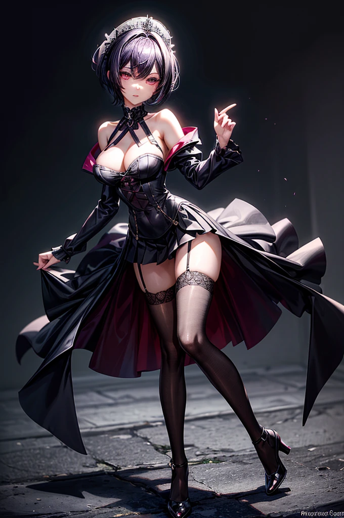 masterpiece, best quality, distinct image, 1 girl, 16 year old ager, off shoulder stylish crop blouse, pleated and elegant skirt, garter and sexy knee length stockings, solo. sharp facial features, oval shaped face, cherry pink lip, lightly tanned white skin, velvet-colored eyes, tall height(175cm), slim yet chiseled body-type, dark violet-black hair, short pixie cut hairstyle, slender legs, curvy hips stretching the dress, full body image, gothic style environment