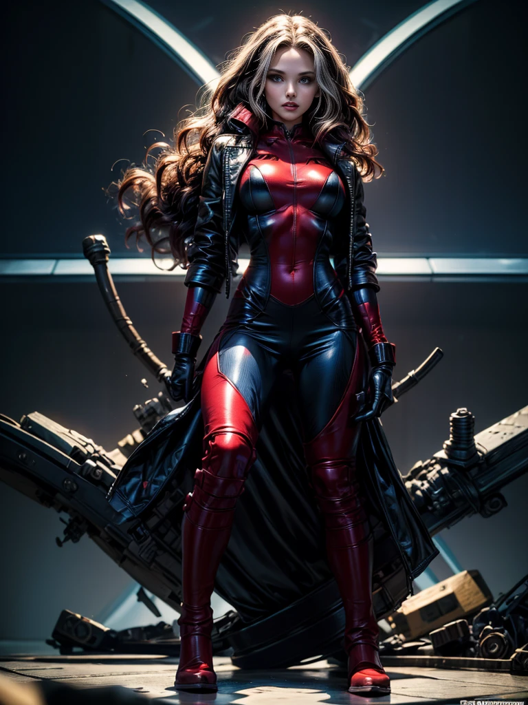 Natalie Portman、masterpiece、High quality 4K、villain (X-Men)、Gothic Girl、Sculpted Body Gothic Makeup、Black jacket、Red and blue bodysuit、masterpiece、Highest quality、Cowboy Shots、One personの女の子、One person、Technology Military Bodysuit、fringe