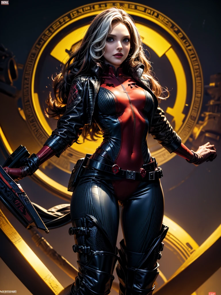 Natalie Portman、masterpiece、High quality 4K、villain (X-Men)、Gothic Girl、Sculpted Body Gothic Makeup、Black jacket、Red and blue bodysuit、masterpiece、Highest quality、Cowboy Shots、One personの女の子、One person、Technology Military Bodysuit、fringe