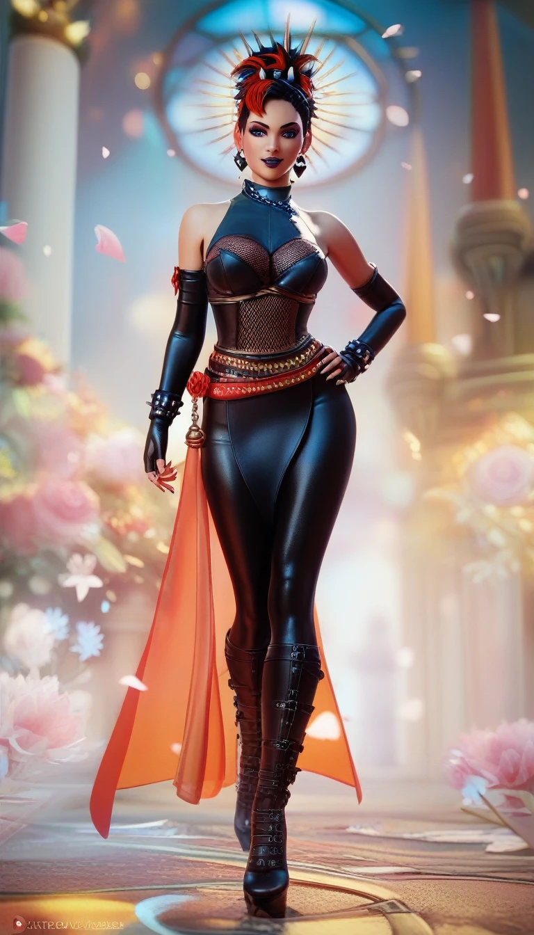 masterpiece, of the highest quality, high resolution, Ghibli anime-inspired female ninja gaiden warrior concept, Mucha-esque gothic style, advanced drawing techniques, Stunningly drawn young warrior princess figure, fuses fantasy and drama, Detailed punk-style spiked hairdo, Dramatically standing on a floor with a glowing luxurious pattern splattered with advanced drawing techniques resembling ink and sakura, Suggesting a sense of chaos and rebellion, Surrounded by a radiant atmosphere, beautiful pastel colors, Hyper-detailed, hyper-quality equipment with intricate details, Rendered at