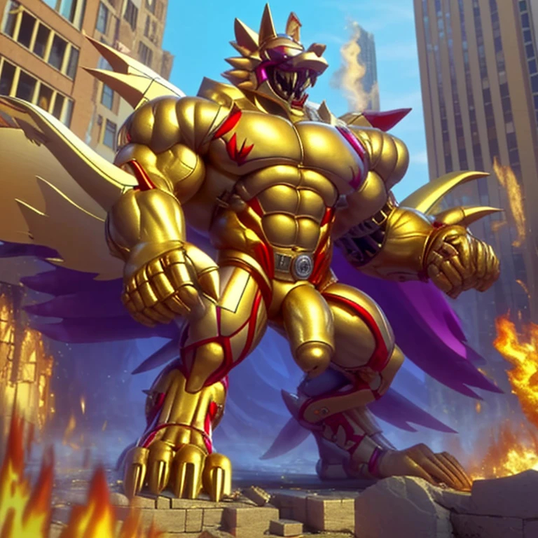 (masterpiece. official art. 8k. best quality. detailed full body. full body.)
(situation 1 : dominating The Phoenix Wolf. The Phoenix Wolf is over 1000 meters long. focus GIANT mechanical Muscular The Phoenix Wolf is trampling the car. Looking down.)
(situation 2 :smoke and flames rising from the destruction in the city)
(Additional details 1: Wearing golden Armor. Cape. Helmet. real texture material. whole body shines like metal. emphasizes the muscles. suit fully made of metal.Robotic suit).
(Additional details 1.5: The arms are golden. The lower half of the body is golden. The wolf-shaped helmet has sharp fangs. The whole body is golden. There is a ring above the head. It has rainbow-colored wings.).
(Additional details 2: Detailed head. Detailed Body. Detailed abs. gigantic muscles. HYPER MUSCLES. Gigachad Muscular. big muscle. pecs. triceps. traps. unusually developed muscular body. body full of huge muscles. showing off muscles. pectorales enormes. Exaggeratedly huge muscles. huge muscles. long legs.).
(Additional details 3:Spread wings. It has wings. The claws are sharp. Sharp teeth.). He is laughing defiantly. The claws are sharp. Sharp teeth.).
(Additional details 3.5 : nj5furry, He is laughing defiantly. medieval armor.). (Additional details 4: golden hyper penis. hyper golden penis. big penis)