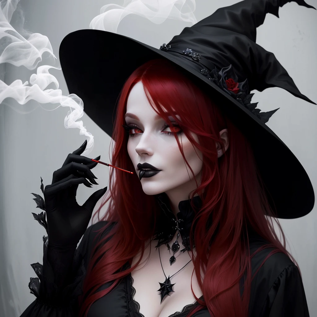 witch with red hair smoking a cigarette in a black witch hat, classical witch, witchy, dark witch, fashionable dark witch, witch, gothic girl smoking, scarry but bewitching, beautiful witch female, beautiful witch spooky female, a witch, beautiful female witch, witch fairytale, portrait of a dark witch, portrait of a witch, side portrait dark witch