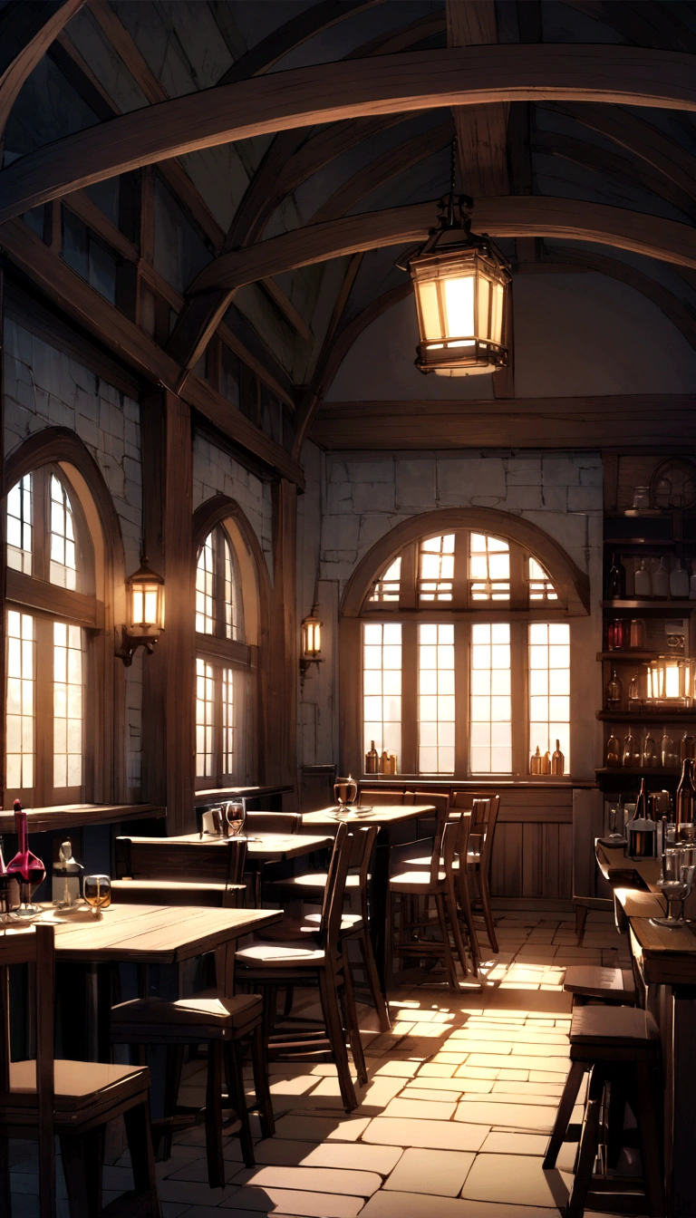 Cafe, Wine table and large window, Indoor Background Art,The tavern is empty, At night