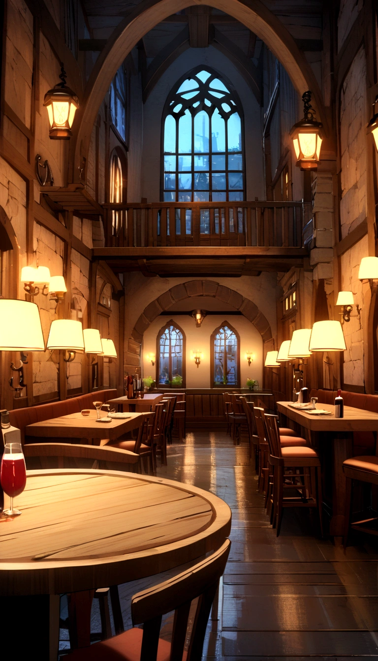 Cafe, Wine table and large window, Indoor Background Art，The tavern is empty, At night