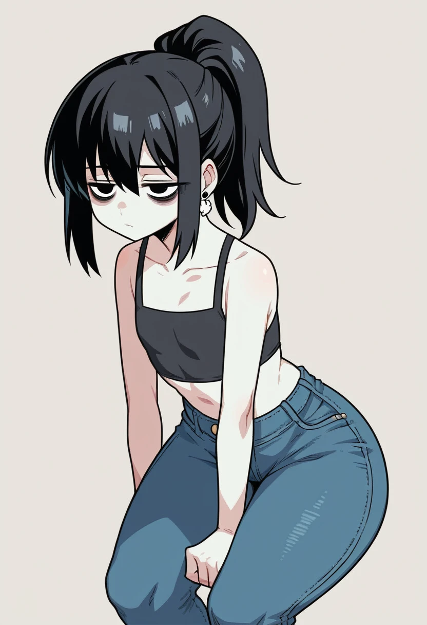 score_9, score_8_up, score_7_up, source_anime, BREAK, (((yew))), , 1girl, black hair, eye bags,.tired eyes, downturned eyes, solo, ponytail, bangs, earrings, black eyes, croptop, small pupils, tired expression, pale skin, jeans, thick thighs, flat chest, curvy