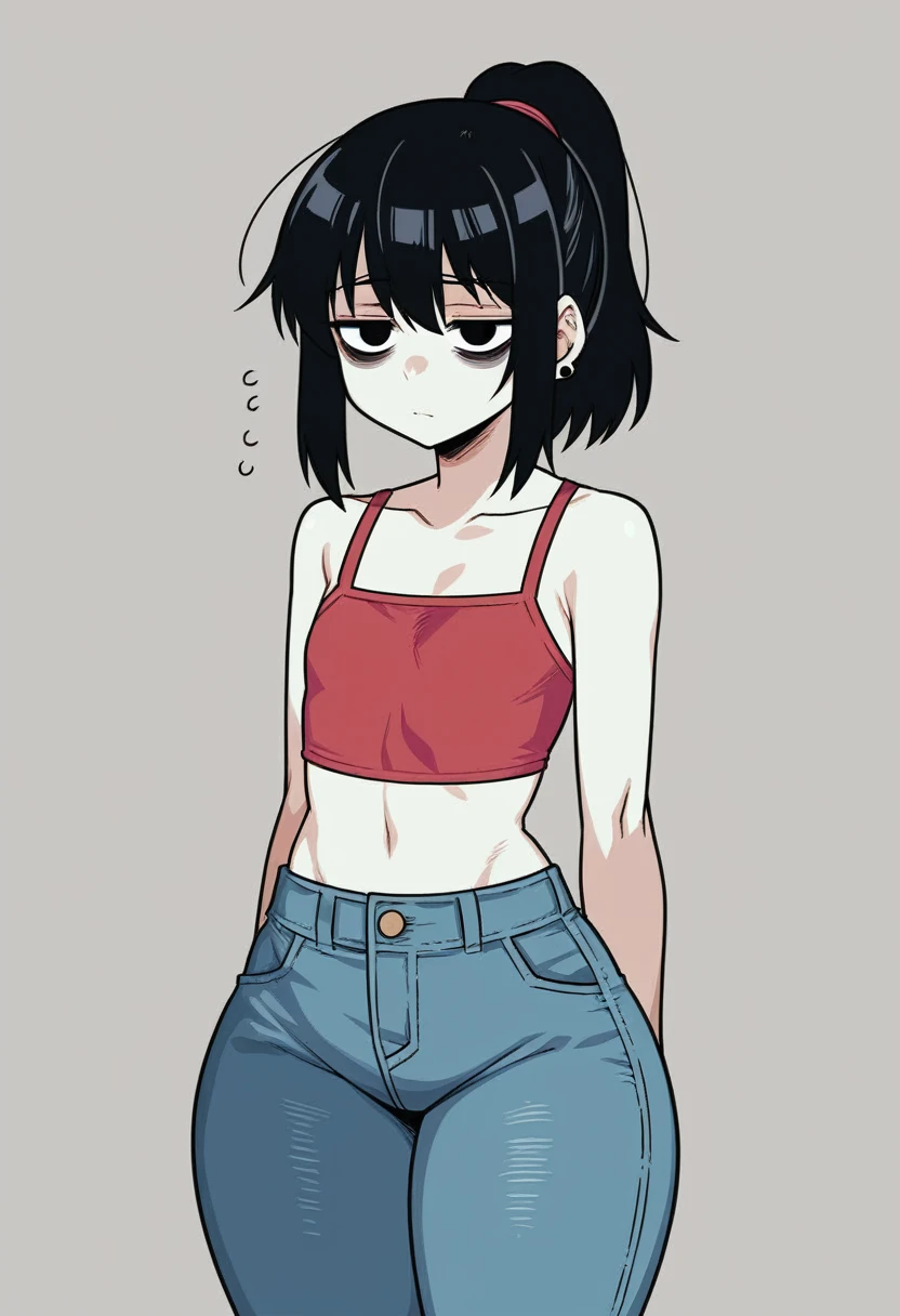 score_9, score_8_up, score_7_up, source_anime, BREAK, (((yew))), , 1girl, black hair, eye bags,.tired eyes, downturned eyes, solo, ponytail, bangs, earrings, black eyes, croptop, small pupils, tired expression, pale skin, jeans, thick thighs, flat chest, curvy