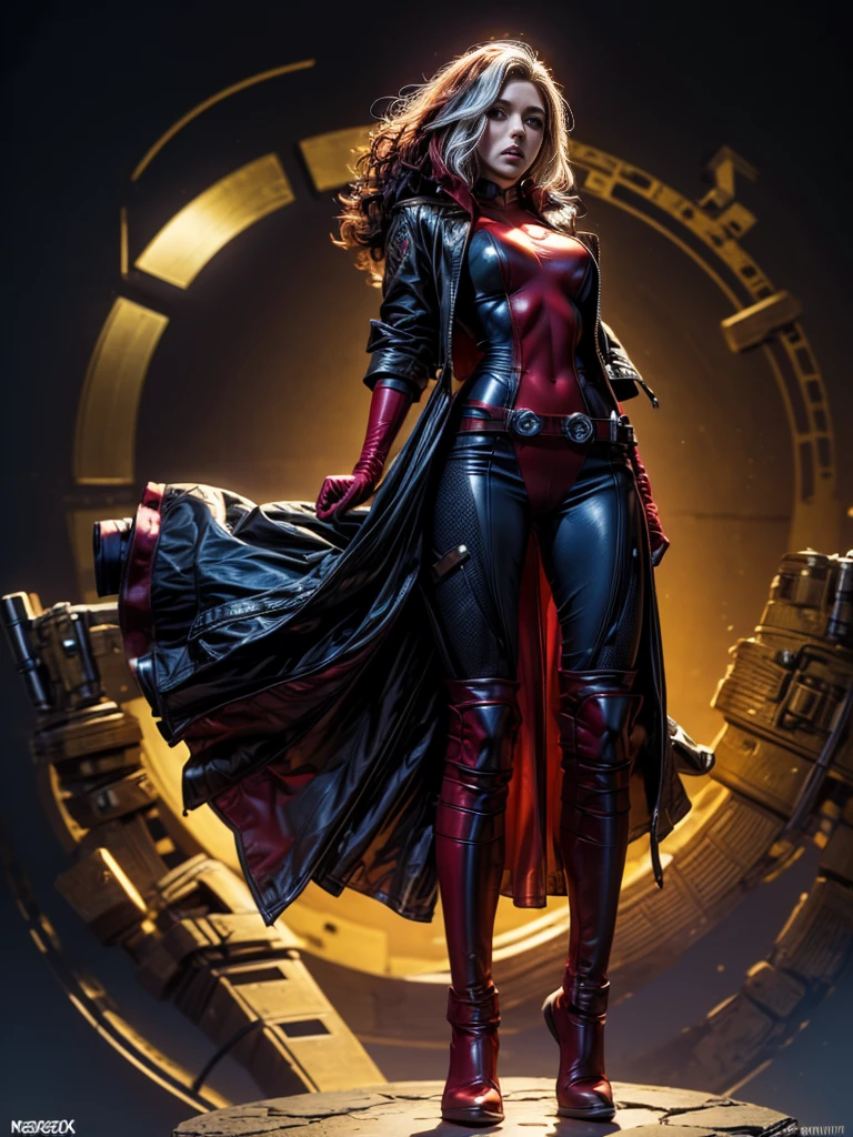 Scarlett Johansson、masterpiece、High quality 4K、villain (X-Men)、Gothic Girl、Sculpted Body Gothic Makeup、Black jacket、Red and blue bodysuit、masterpiece、Highest quality、Cowboy Shots、One personの女の子、One person、Technology Military Bodysuit、fringe