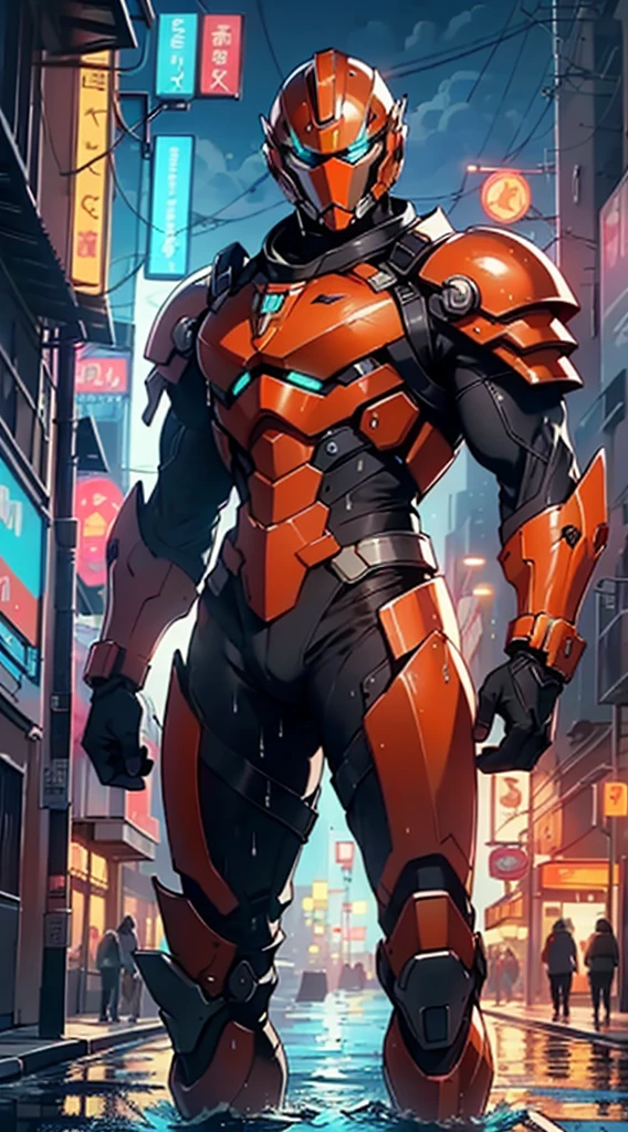 (man:1.5),muscular man in mecha armor,(((1man))),((man muscular in mecha armor)),

((exaggerated muscles,exaggerated shoulders,very muscular and huge)),man chest,((((muscular,muscular man,tall,big biceps,abs,big thighs,broad shoulders)))) big dick,

mandalorian helmet,underwater armor,mecha armor,full of weapons,((LED lights, RGB lights,black and neon red armor)),((wet armor,intricate armor,detailed armor)),

(dynamic pose:1.0),solo focus,(centered,scale to fit dimensions,Rule of thirds),

cyberpunk city by the ocean at night, with bright neon signs and dark stormy clouds and puddles, scenery:1.25,

highres, sharp focus, (ultra detailed, extremely detailed), (photorealistic artwork:1.37),(extremely detailed CG unity 8k wallpaper),((synthwave background theme)),(((vibrant colors))),(intricate background),(masterpiece),(best quality),