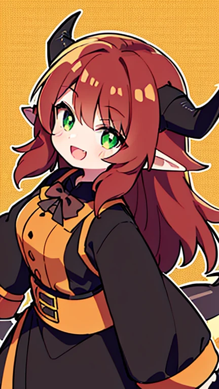 dragon demi-human girl, Brown-curly-hair, green eyes, wearing a black and yellow dress with longs sleeves and red bowtie. (black Dragon wings.), (black Dragon horns.), (Black Dragon tail), :D