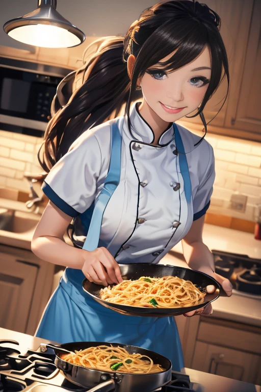 (dynamic angle:1.3, front view:1.1, breast focus:1.3, from above:1.1), (dynamic posing:1.2, sexy posing:1.2), (seductive smiling:1.3), ((holding Pasta on a plate,Taking the pasta out of the pan, worried about the outcome:1.2)),highest quality、(real、photorealistic:1.4),(ultra high resolution, 8K RAW photo, clear focus), best qualtiy, natural lighting, field depth, (Bright pupils, detailed beautiful eyes, high detailed face), Red lip, (tight focus:1.2), a girl 22yo old, Wearing a pastry chef uniform:1.3 , Thicc, thin breast, long hair, blue eyes,garter stocking, cleavage:1.2, midriff, black shorts, black thighhighs, thigh strap, pretty girl, (highly detailed beautiful face and eyes,firm breasts),real skin,((black,hair,long pony tail hair)),thin pubic hair,cute,lovely, detailed eyes,(double breasted:1.0,under bust:1.0),(with sparkling eyes and a contagious smile),open mouth, Looking at Viewer,A scene of make cooking Carbonara Pasta  in the kitchen
