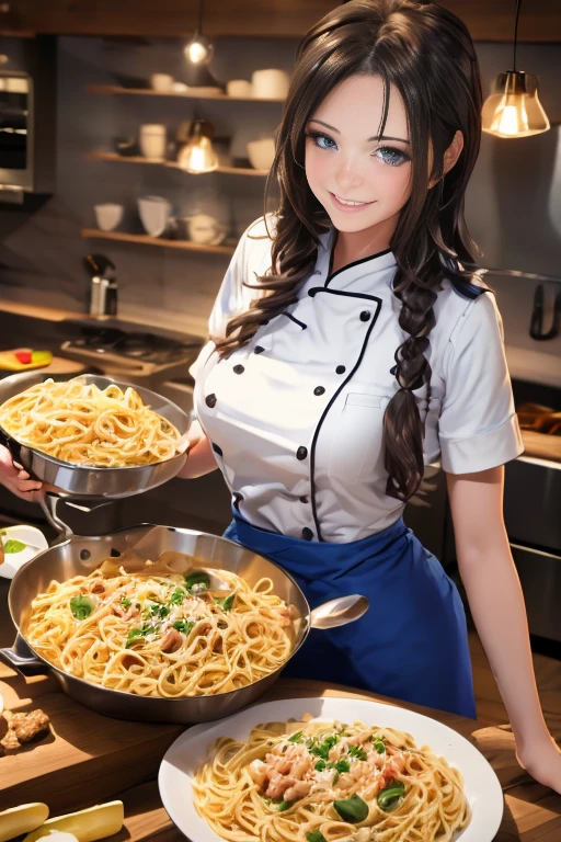 (dynamic angle:1.3, front view:1.1, breast focus:1.3, from above:1.1), (dynamic posing:1.2, sexy posing:1.2), (seductive smiling:1.3), ((holding Pasta on a plate,Taking the pasta out of the pan, worried about the outcome:1.2)),highest quality、(real、photorealistic:1.4),(ultra high resolution, 8K RAW photo, clear focus), best qualtiy, natural lighting, field depth, (Bright pupils, detailed beautiful eyes, high detailed face), Red lip, (tight focus:1.2), a girl 22yo old, Wearing a pastry chef uniform:1.3 , Thicc, thin breast, long hair, blue eyes,garter stocking, cleavage:1.2, midriff, black shorts, black thighhighs, thigh strap, pretty girl, (highly detailed beautiful face and eyes,firm breasts),real skin,((black,hair,long pony tail hair)),thin pubic hair,cute,lovely, detailed eyes,(double breasted:1.0,under bust:1.0),(with sparkling eyes and a contagious smile),open mouth, Looking at Viewer,A scene of make cooking Carbonara Pasta in the kitchen