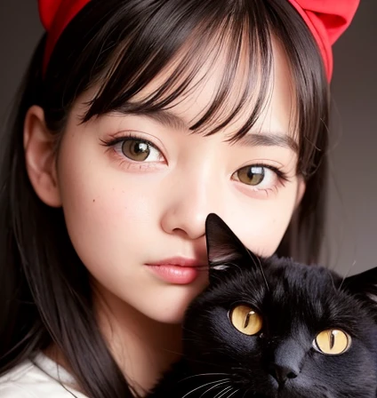 a masterpiece portrait of a beautiful young girl with a small face and a cute expression with a black cat, wearing a red headband, in a , shot with a DSLR camera, high-quality 8k UHD image with realistic skin details, detailed facial features, rim lighting, and a beautiful bokeh background,