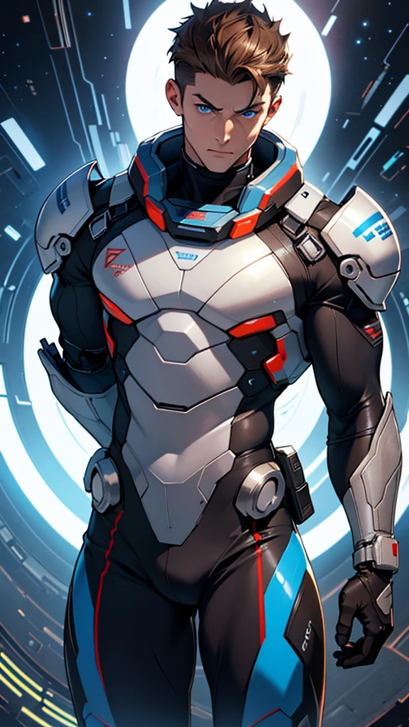 18 year old cybernetic guy detailed muscles realistic masterpieces full figure pose (best quality,ultra-detailed), brown hair, blue eyes, fair skin, fit body, slim figure, (cocky expression), wearing cybernetic mobile battle spacesuit