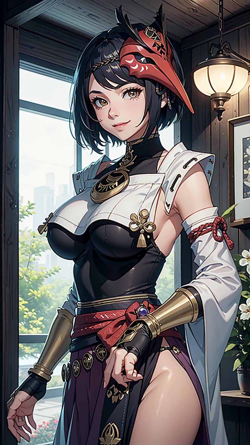 Kujousaradef,alone, masterpiece,huge breast, looking at viewer, detail eyes, (detail face:1.2), standing, (front view), looking at viewer, smile, perfect breast, indoors, night
