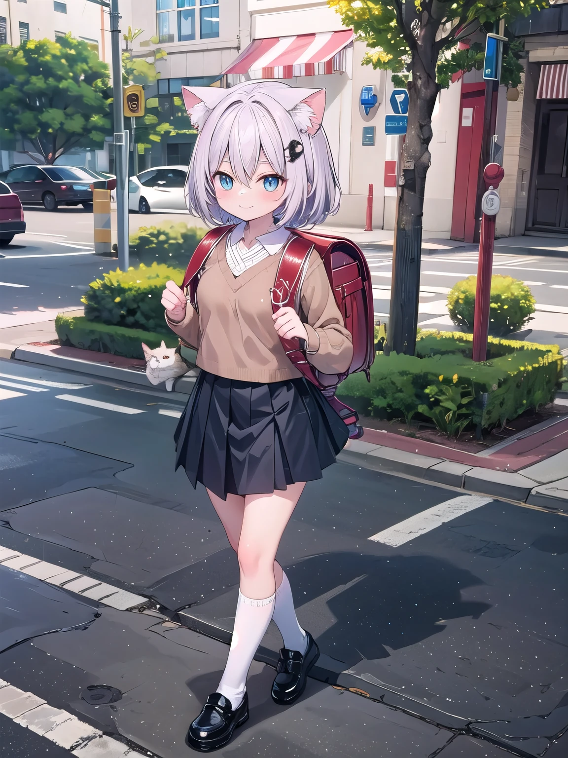 Masterpiece, hd, 1cat, curry, cat headed human, cat human, (cat head:1.2), wearing brown sweater, blue pleated skirt, white socks, black shoes, wearing randoseru backpack, (backpack:1.2),walking,smile, outdoor, standing, fullbody