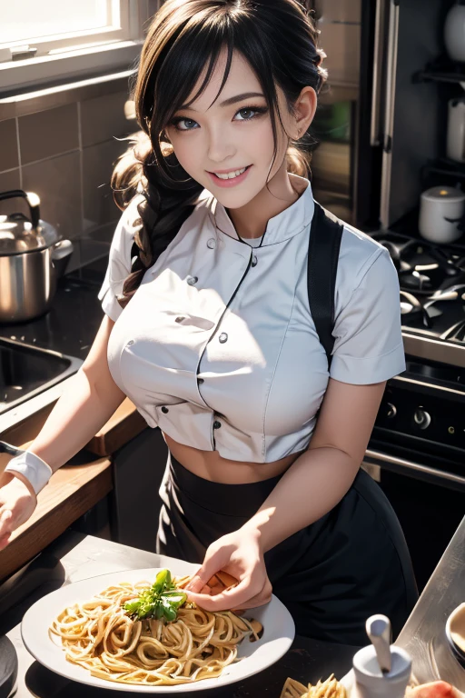 (dynamic angle:1.3, front view:1.1, breast focus:1.3, from above:1.1), (dynamic posing:1.2, sexy posing:1.2), (seductive smiling:1.3), ((holding Pasta on a plate,Taking the pasta out of the pan, worried about the outcome:1.2)),highest quality、(real、photorealistic:1.4),(ultra high resolution, 8K RAW photo, clear focus), best qualtiy, natural lighting, field depth, (Bright pupils, detailed beautiful eyes, high detailed face), Red lip, (tight focus:1.2), a girl 22yo old, Wearing a pastry chef uniform:1.3 , Thicc, thin breast, long hair, blue eyes,garter stocking, cleavage:1.2, midriff, black shorts, black thighhighs, thigh strap, pretty girl, (highly detailed beautiful face and eyes,firm breasts),real skin,((black,hair,long pony tail hair)),thin pubic hair,cute,lovely, detailed eyes,(double breasted:1.0,under bust:1.0),(with sparkling eyes and a contagious smile),open mouth, Looking at Viewer,A scene of make cooking Carbonara Pasta in the kitchen