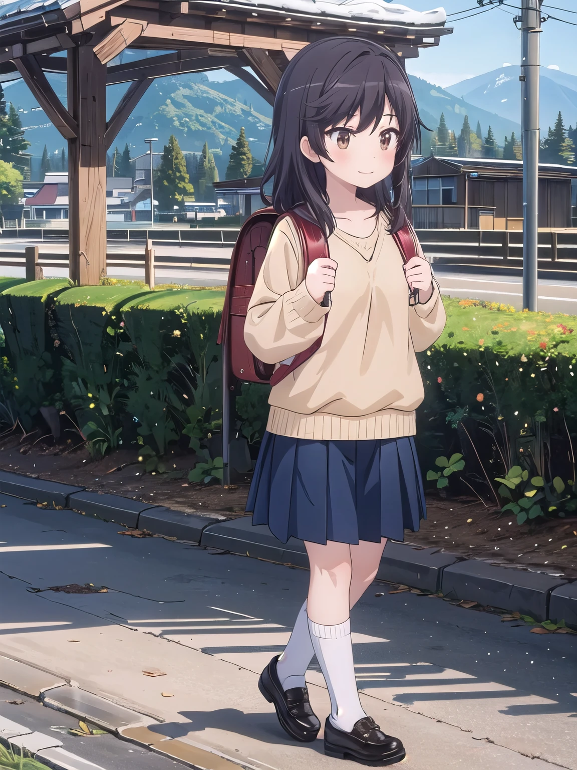 Masterpiece, hd, 1girl, nonhotaru, wearing brown sweater, blue pleated skirt, white socks, black shoes, wearing School backpack, (backpack:1.2),walking,smile, outdoor, standing, fullbody 