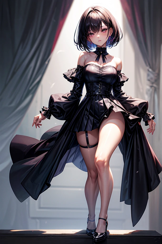masterpiece, best quality, distinct image, 1 girl, 16 year old teenager, off shoulder stylish crop blouse, pleated and elegant skirt, garter and sexy knee length stockings, solo. sharp facial features, oval shaped face, cherry pink lip, lightly tanned white skin, velvet-colored eyes, tall height(175cm), slim yet chiseled body-type, dark violet-black hair, short pixie cut hairstyle, slender legs, curvy hips stretching the dress, full body image, gothic style environment