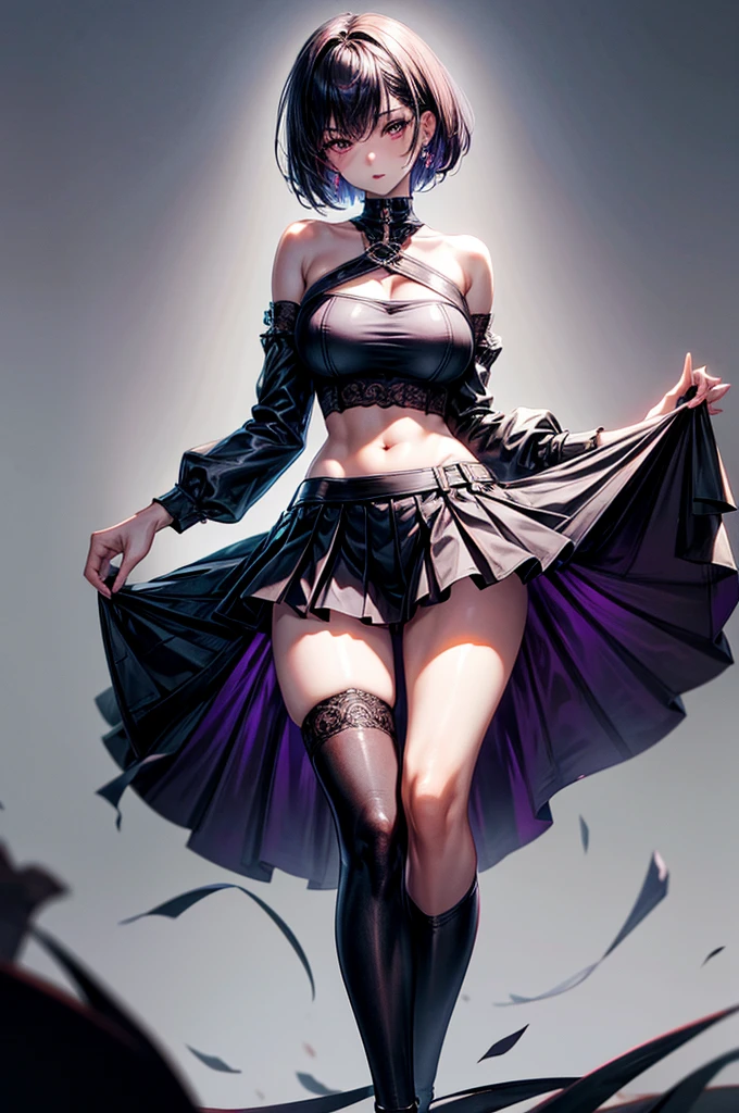 masterpiece, best quality, distinct image, 1 girl, 16 year old ager, off shoulder stylish crop blouse, pleated and elegant skirt, garter and sexy knee length stockings, solo. sharp facial features, oval shaped face, cherry pink lip, lightly tanned white skin, velvet-colored eyes, tall height(175cm), slim yet chiseled body-type, dark violet-black hair, short pixie cut hairstyle, slender legs, curvy hips stretching the dress, full body image, gothic style environment