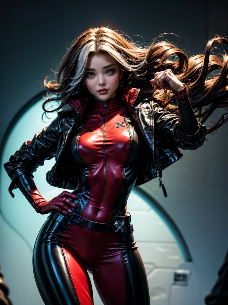 Miranda Kerr、masterpiece、High quality 4K、villain (X-Men)、Gothic Girl、Sculpted Body Gothic Makeup、Black jacket、Red and blue bodysuit、masterpiece、Highest quality、Cowboy Shots、One personの女の子、One person、Technology Military Bodysuit、fringe