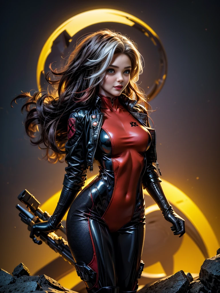 Miranda Kerr、masterpiece、High quality 4K、villain (X-Men)、Gothic Girl、Sculpted Body Gothic Makeup、Black jacket、Red and blue bodysuit、masterpiece、Highest quality、Cowboy Shots、One personの女の子、One person、Technology Military Bodysuit、fringe