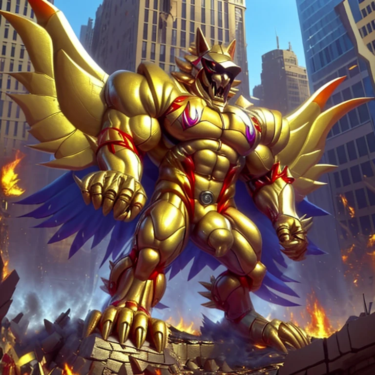 (masterpiece. official art. 8k. best quality. detailed full body. full body.)

(situation 1 : dominating The Phoenix Wolf. The Phoenix Wolf is over 1000 meters long. focus GIANT mechanical Muscular The Phoenix Wolf is trampling the car. Looking down.)

(situation 2 :smoke and flames rising from the destruction in the city)

(Additional details 1: Wearing golden Armor. Cape. Helmet. real texture material. whole body shines like metal. emphasizes the muscles. suit fully made of metal.Robotic suit).

(Additional details 1.5: The arms are golden. The lower half of the body is golden. The wolf-shaped helmet has sharp fangs. The whole body is golden. There is a ring above the head. It has rainbow-colored wings.).

(Additional details 2: Detailed head. Detailed Body. Detailed abs. gigantic muscles. HYPER MUSCLES. Gigachad Muscular. big muscle. pecs. triceps. traps. unusually developed muscular body. body full of huge muscles. showing off muscles. pectorales enormes. Exaggeratedly huge muscles. huge muscles. long legs.).

(Additional details 3:Spread wings. It has wings. The claws are sharp. Sharp teeth.). He is laughing defiantly. The claws are sharp. Sharp teeth.). 

(Additional details 3.5 : nj5furry,  He is laughing defiantly. medieval armor.). (Additional details 4: golden hyper penis. hyper golden penis. big penis)