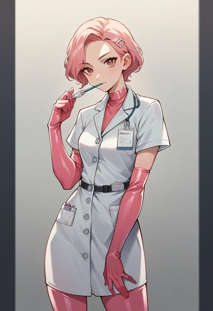 1girl, ((pink elbow gloves)), ((surgical gloves)), ((latex gloves)), ((long sleeves)) ((white surgeon outfit)), looking at viewer, ((doctor)), standing, solo