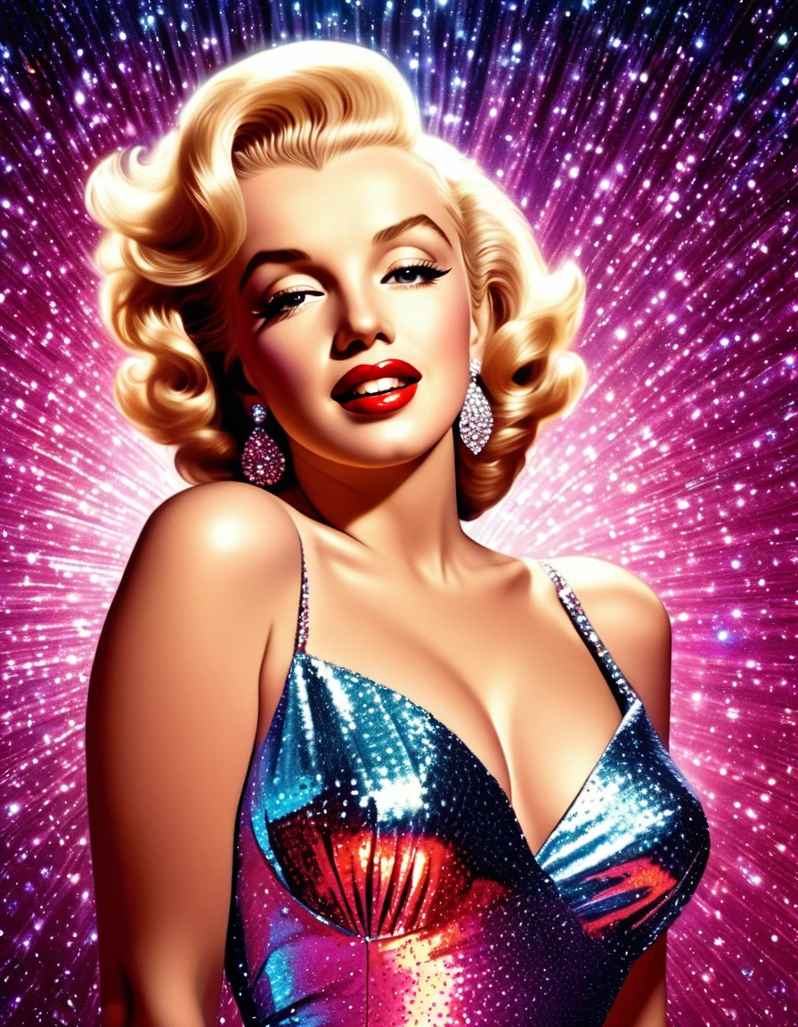A photorealistic rendering of Marilyn Monroe in a glamorous pose, hands on her breasts, wearing a sparkling dress, exuding classic Hollywood elegance. Hyper-realistic photo, vibrant colors, 16k