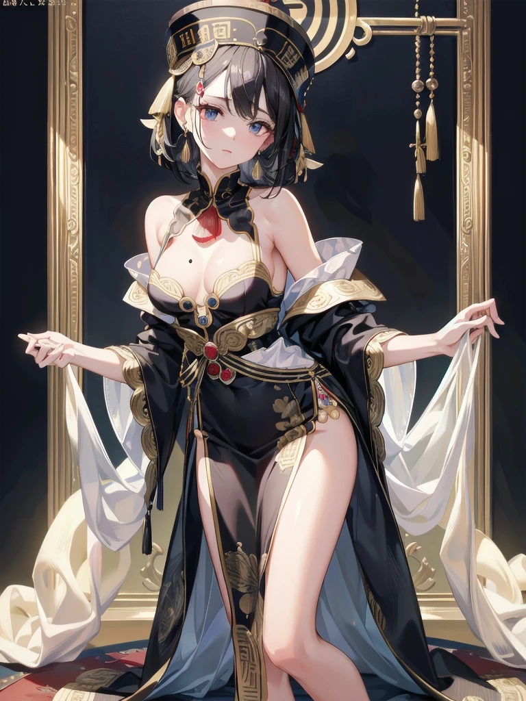 absurdres, RAW photo, extremely delicate and beautiful, masterpiece, Best Quality, ultra high resolution, 32k, hyperrealistic, ultra-detailed, in her 20s, delicate facial features, beautiful detailed girl, tearful mole, earring, medium breasts, (full body shot), shorter middle hair, black hair, jiangshi,