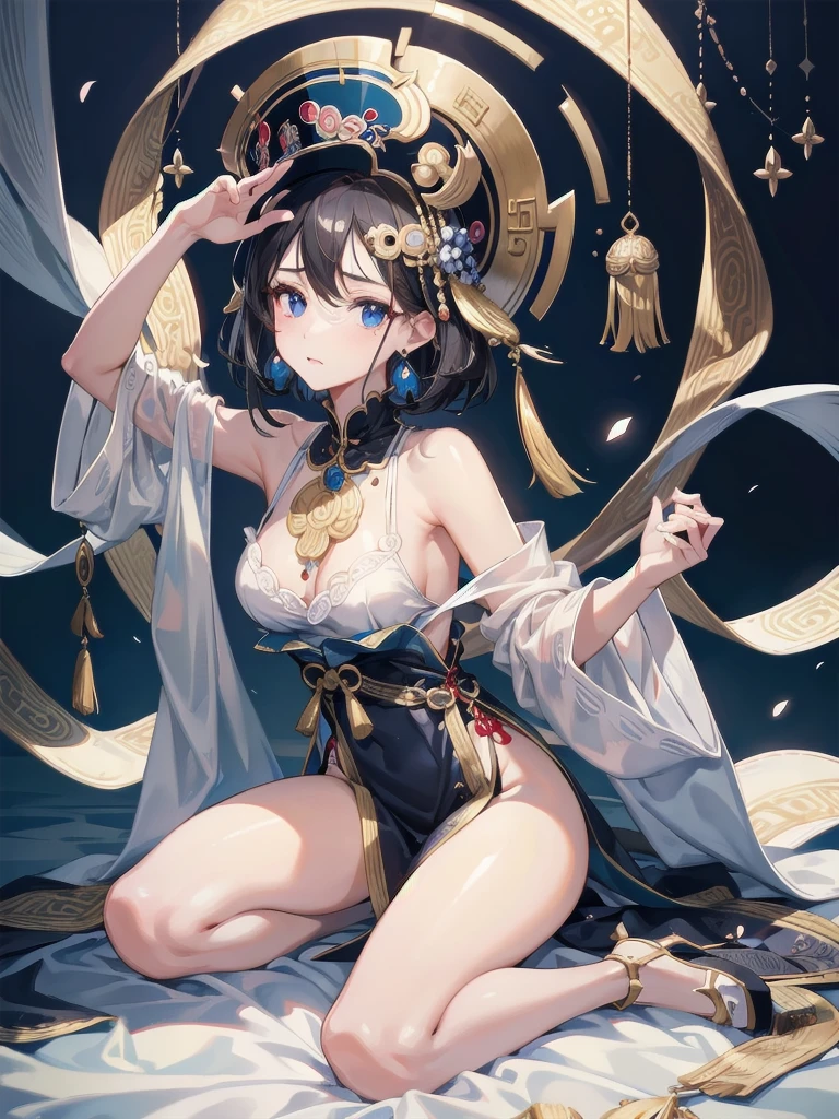 absurdres, RAW photo, extremely delicate and beautiful, masterpiece, Best Quality, ultra high resolution, 32k, hyperrealistic, ultra-detailed, in her 20s, delicate facial features, beautiful detailed girl, tearful mole, earring, medium breasts, (full body shot), shorter middle hair, black hair, jiangshi,