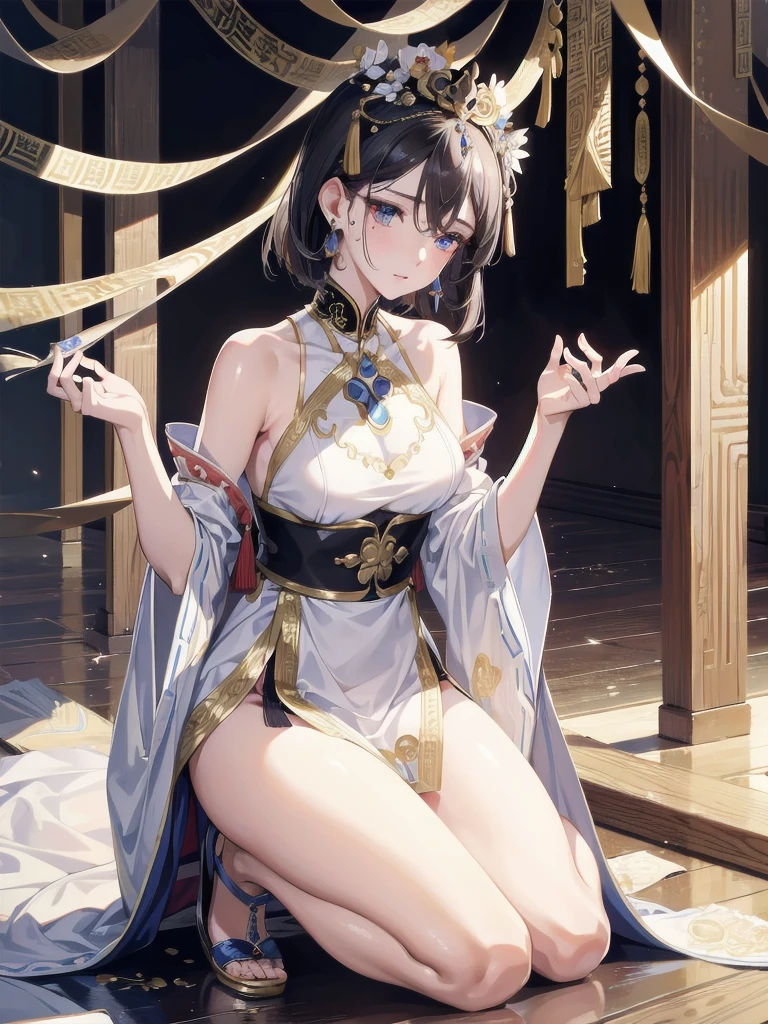 absurdres, RAW photo, extremely delicate and beautiful, masterpiece, Best Quality, ultra high resolution, 32k, hyperrealistic, ultra-detailed, in her 20s, delicate facial features, beautiful detailed girl, tearful mole, earring, medium breasts, (full body shot), shorter middle hair, black hair, jiangshi,