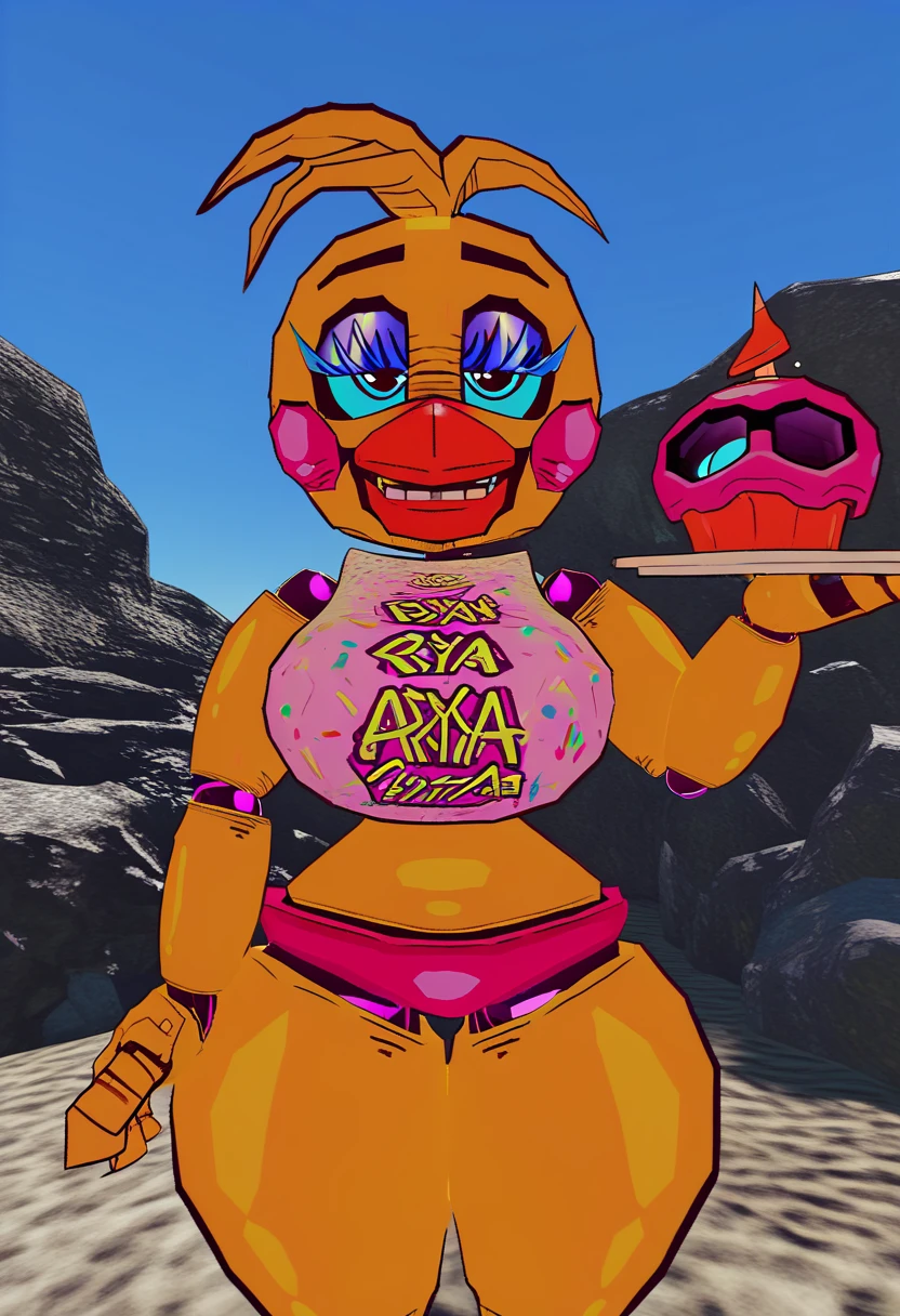 toy chica (vibapop), beak, 3d, 3d model, retro, thick thighs, teeth, Blue eyes, blue eyeliner, round head, cleavage, bikini, sunglasses, beach, breasts, tall, standing, joints, yellow body, 1girl, solo, outline, robot, cake, carl the cupcake,